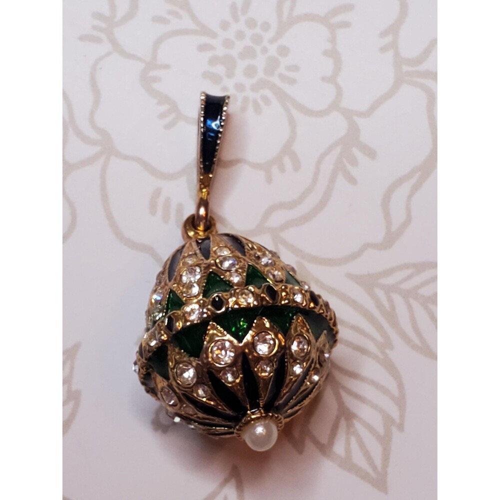 Ornate Green Enamel & Gold Tone Egg Charm Pendant with Sparkling Crystals and Pe
